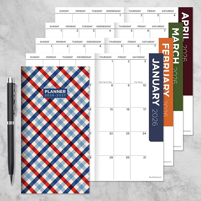 TF Publishing 2026-2027 Patriotic Plaid Small Monthly Pocket Planner with 2 Page Large Calendar Grid and Lined Notes Section - 2 Year Pocket Calendar 2026-2027 Perfect for Purse - 3.5in x 6.5in