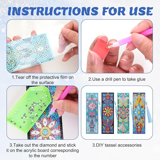 12Pcs DIY Diamond Art Bookmarks Kits Acrylic Painting Bookmarks with Rhinestone Flower Patterns Tassels for Adults Book Lover Craft Making