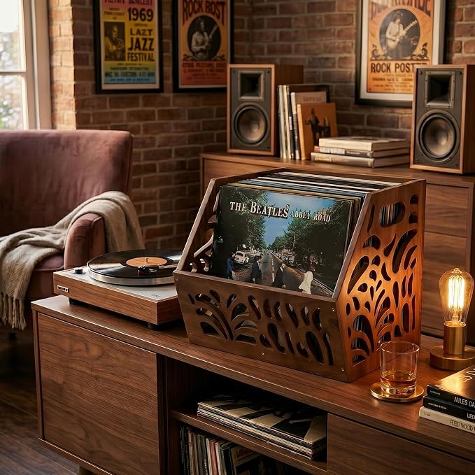 Vinyl Record Storage Box 60+ LP Record Holder Crate, Vinyl Organizer Storage Rack for Album Storage, Chestnut Vintage Finish Home Decor