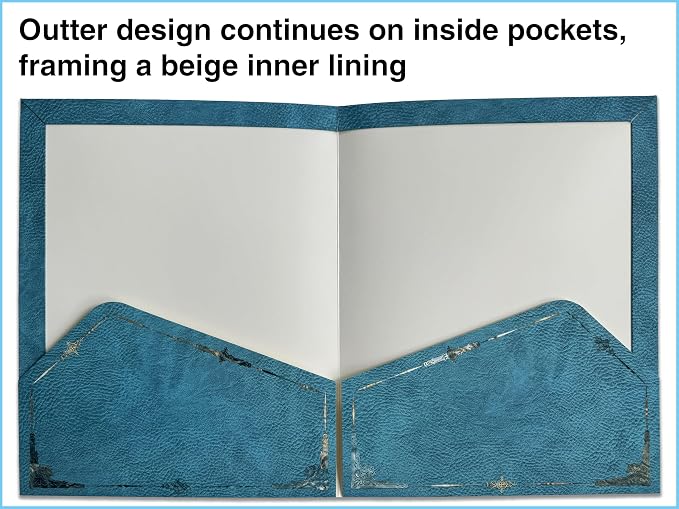 12 Pack Decorative File Folders in Matching Resuable Rigid Box, Gold Ornate Design On Blue Leather, Letter Size 9.2x11.7 Inch Colored Filing Folders, Full Color Outside & On Pockets with Beige Lining