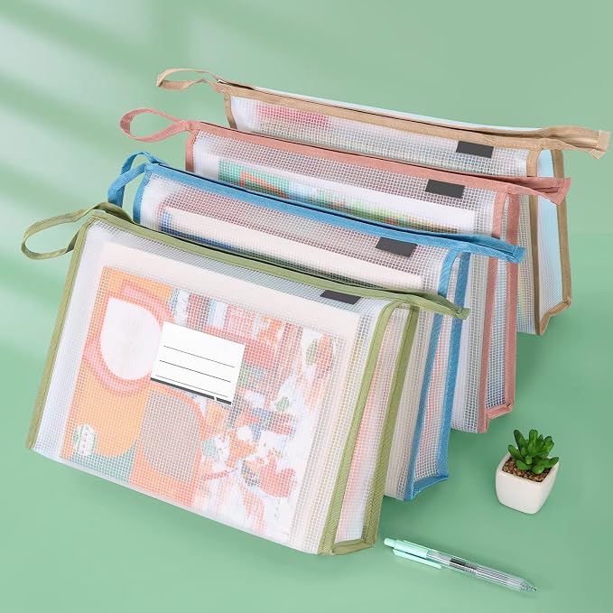 4 Pack A4 Plastic File Folder Poly Envelopes Expanding Wallet Document with Zipper and Label Pocket, Files Pouch Folders for Home, Office, School (4 Colors)