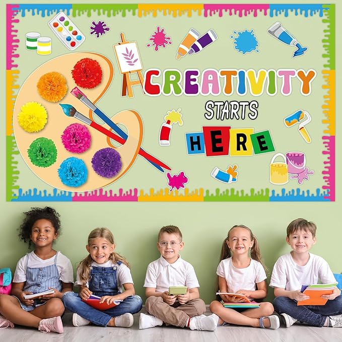 Art Paint Classroom Bulletin Board Decorations Artist Painting Cutouts with Paper Pom Poms Creativity Starts Here Cutouts for Student Teacher Wall Chalkboard Decor Back to School Supplies