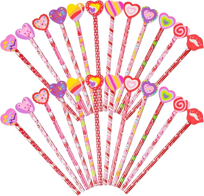 FOIMAS 24pcs Valentine's Day Pencils with Erasers Topper Decorated with Love Hearts Lips Assortment Valentine Stationery Pencil Bulk for Valentine's Day Goodie Bag Filler School Teacher