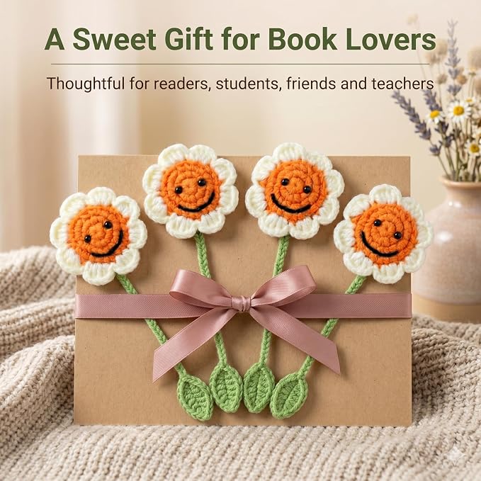 4 Pack Sunflower Crochet Bookmarks,Handmade Knitted Sunflower Book Marker for Women Personalized Book Marks for Reading Men, Book Lover Teacher Kids Birthday Gift,Cute Unique Bookmarks
