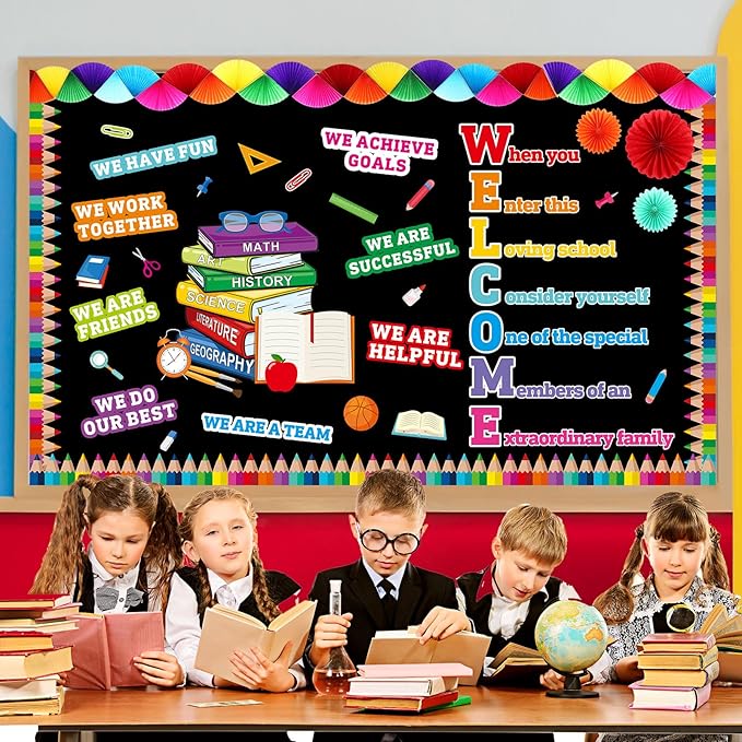 Pajean Welcome Bulletin Board Set Classroom Affirmation Station Bulletin Board Motivational Cutouts Colorful Paper Fans Pencil Border Trims for Back to School Chalkboard Wall Decor (Colorful)