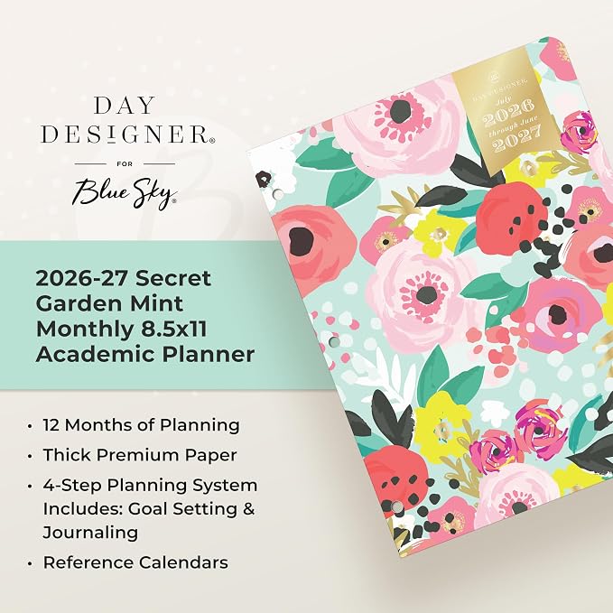 Blue Sky Day Designer 2026-2027 Monthly Academic Year Planner Calendar, July 2026 - June 2027, 8.5" x 11", Flexible Cover, Stapled Binding, Secret Garden Mint