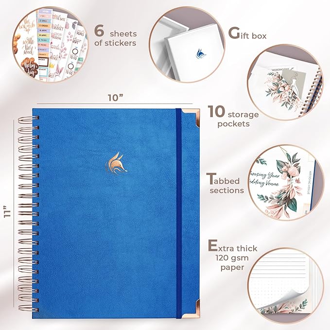 Clever Fox Wedding Planner – Notebook Organizer for Bride – Wedding Planning Binder Book with Pockets – Engagements Gift, 10x11″ (Mystic Blue)