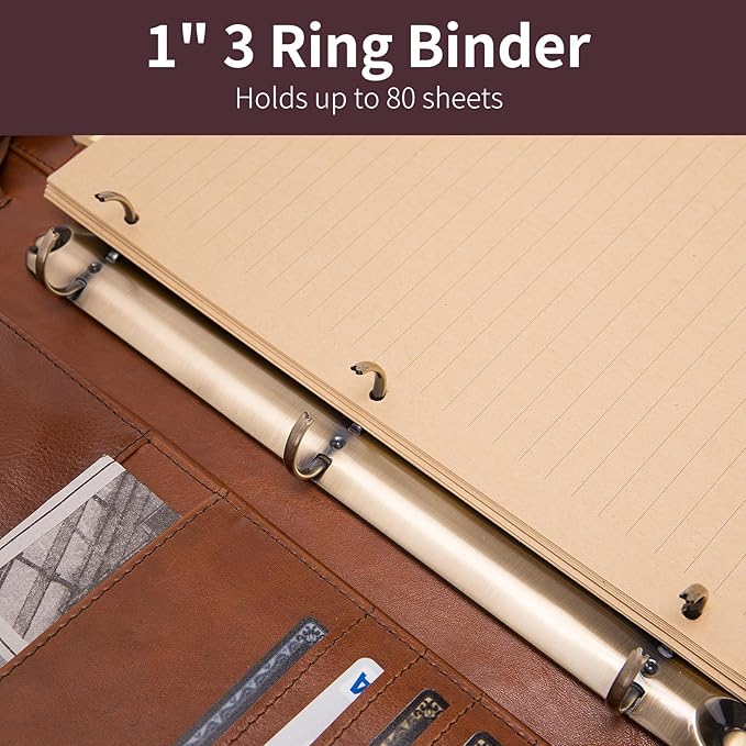 Genuine Leather 3 Ring Binder Portfolio, 8.5 x 14 Legal Size Pad Holder, Hidden Handle, Zippered Padfolio with 15” Laptop Organizer, Professional Business Folio for Men Women, Brown, Oil Tanned