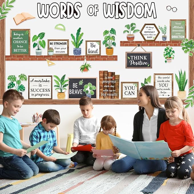 Mooliwe 57 Pcs Plant Bulletin Board Set Inspirational Flower Bulletin Board Decoration Positive Cutout Classroom Decoration for School Office Home Teacher Classroom Wall Supplies