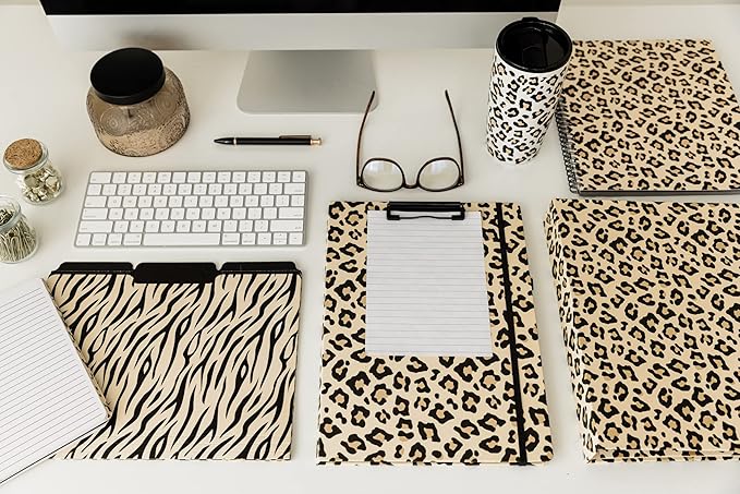 Steel Mill & Co Thick Sturdy File Folders Decorative, Set of 9 File Folders with Tabs and Sticker Labels, Cute Colored File Folders Letter Size, Leopard