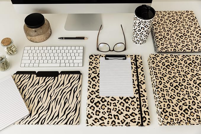 Steel Mill & Co Thick Sturdy File Folders Decorative, Set of 9 File Folders with Tabs and Sticker Labels, Cute Colored File Folders Letter Size, Leopard