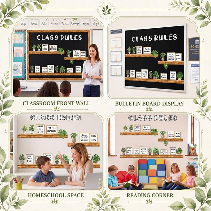 Qilery Class Rules Bulletin Board Decorations, Farmhouse Motivational Classroom Decor Set with Plant Wood Shelf Cutouts, Positive Behavior Quotes for Teacher Supplies, School Wall and Door Display