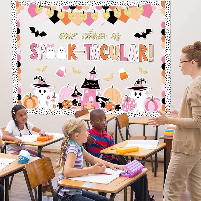 JarThenaAMCS 98 Pcs Halloween Ghost Bulletin Board Decorations Halloween Classroom Decoration Pink Cute Boo Pumpkin Bat Castle Cutouts with 150 Pcs Glue Points for School Library Wall Door Decor