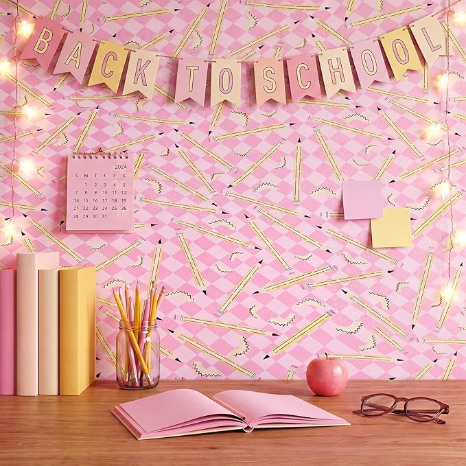 Ctosree 2 Roll Pink Checker Pencils Bulletin Board Paper 4x12ft/1.2x3.6m Non Woven Bulletin Background Wallpaper Fade Resistant Board Roll Decoration for Arts Crafts Office School Classroom(Pink)