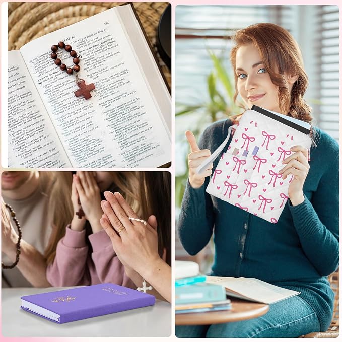 Bible Study Supplies Kit for Women, Quilted Pink Bow Bible Cover Case, Bible Bag with Handle Zipper & Pockets, Book Sleeve Pouch, Bible Accessories Gift for Girls,10x8 Inch