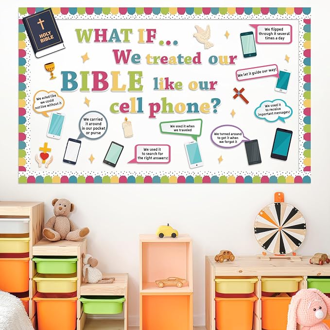 Religious Bible Bulletin Board Set Jesus Sunday School Classroom Decoration Christian Cell Phone Bulletin Board Inspirational Religious Bible Cell Phone Cutouts for VBS Church Chalkboard Wall Decor