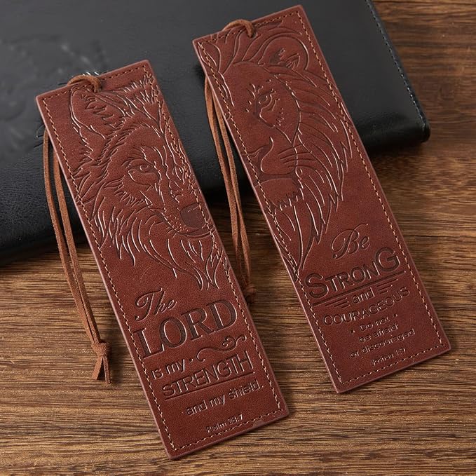 2 Pcs Wolf Lion Leather Bible Bookmark, Christian Bookmarks Gifts for Men Book Marks for Reading Men (Brown)