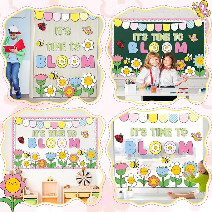 Spring Theme Bloom Flower Bulletin Board Set It's Time to Bloom Classroom Decoration Springtime Floral Bee Butterfly Paper Cutouts for Back to School Home Nursery Chalkboard Wall Decor Party Supplies