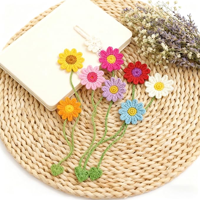 8 Pack Flower Crochet Bookmarks,Handmade Knitted Daisy Sunflower Book Marker for Women Personalized Book Marks for Reading Men, Book Lover Teacher Kids Birthday Gift,Cute Unique Bookmarks
