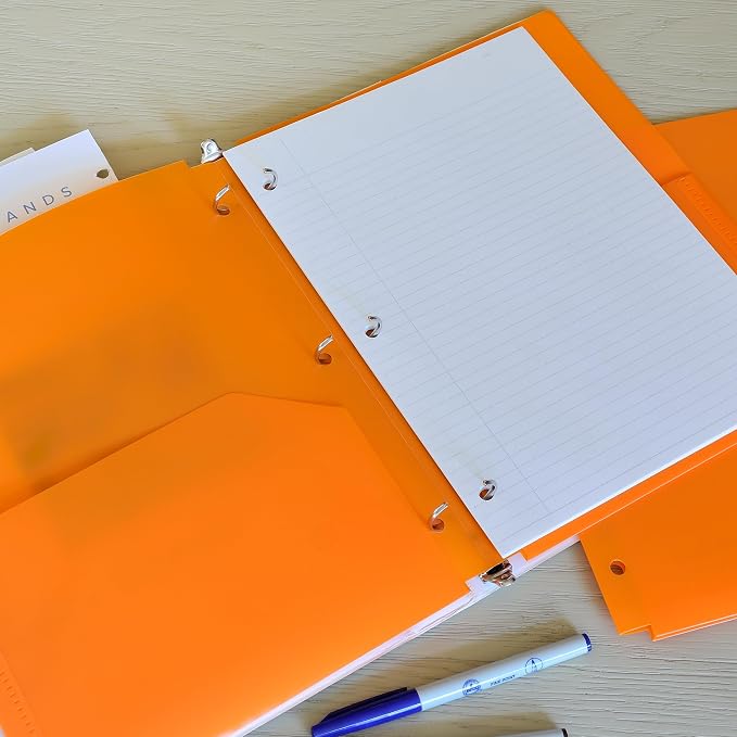 Youngever 6 Pack Heavy Duty Plastic Two Pocket Folders, Binder Dividers with Pocket, 3 Hole Punch Folder with Notches, Binder Folders (Orange)