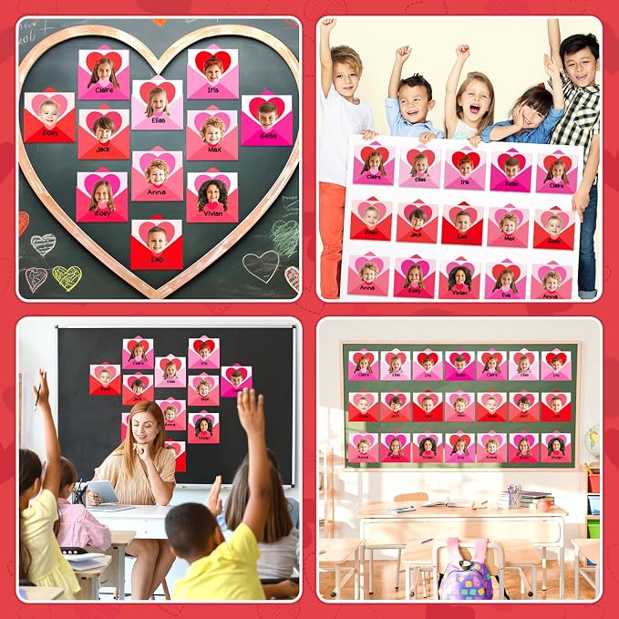 60pcs Valentine's Day Theme DIY Cutouts Heart Envelope Bulletin Board Decoration Set Envelope Paper Cut-Outs Classroom Decor for Valentines Classroom DIY Photo Craft Party School Wall Door Supplies