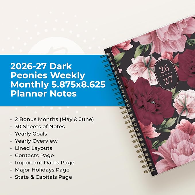 Blue Sky 2026-2027 Weekly and Monthly Academic Year Planner Calendar, July 2026 - June 2027, 5.875" x 8.625", Flexible Pocket Cover, Wirebound, Laminated Tabs, Includes Extra 30 Sheets of Notes, Dark Peonies