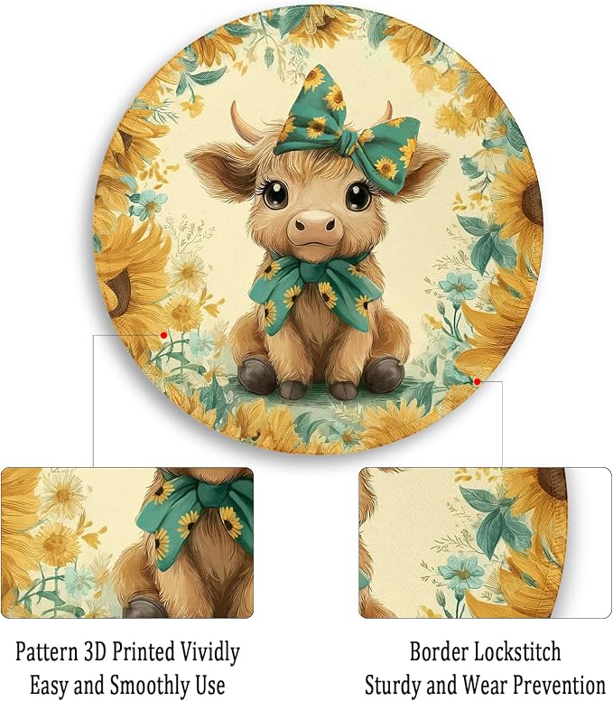 Gctriki Highland Cow Mouse Pad for Desk, Funny Round Mousepad for Laptop Gaming Stitched Edge Non-Slip Rubber Base, Cute Sunflower Bow Highland Cow Decor Gifts Office Desk Accessories for Women