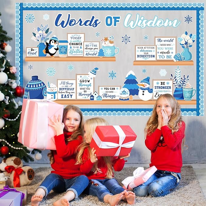 Winter Bookshelf Bulletin Board Set Words of Wisdom Classroom Decorations Inspirational Winter Snowman Snowflake Paper Cutouts for Holiday School Classroom Decor
