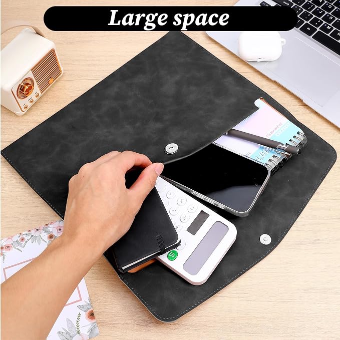 Resume Folder, Leather File Folder Black File Folders Travel Document Holder A4 Holders Waterproof Portfolio with Snap Button Closure Filing Files Organizer for Letter Size PU Envelope Case