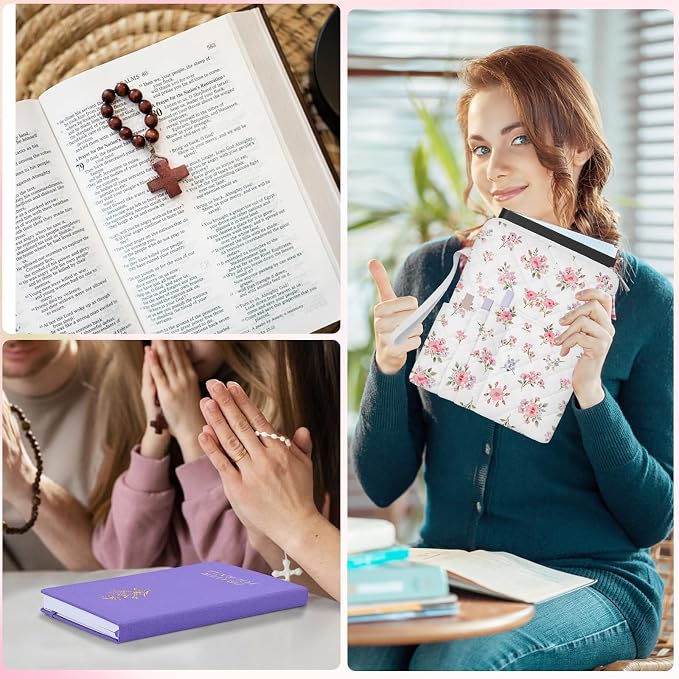Pink Floral Quilted Bible Cover for Women, Bible Sleeve Cover with Zipper & Pen Pockets, Cute Bible Bag Book Sleeve, Washable Bible Case for Girls, Christian Gift 10x8 Inch