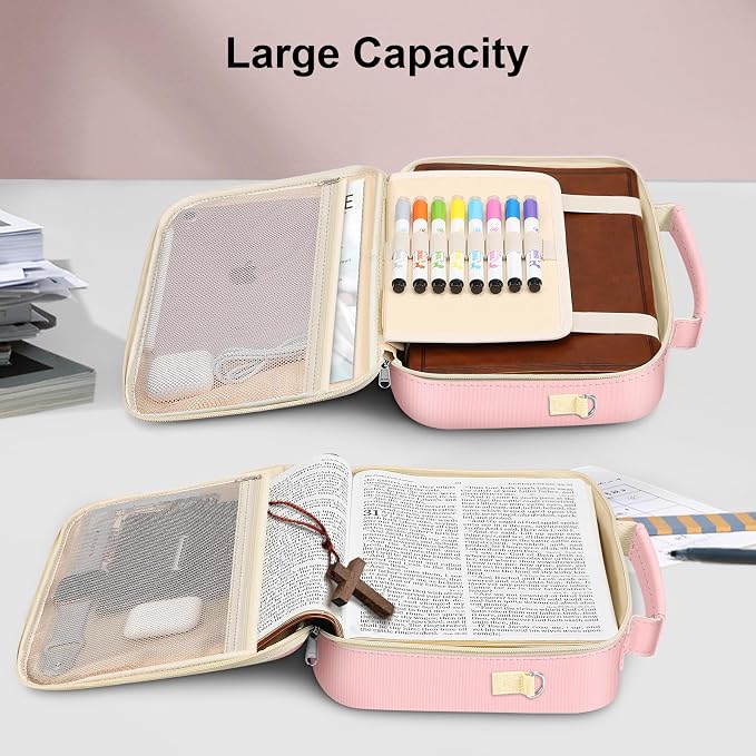 FINPAC Large Bible Cover w/Shoulder Strap, Carrying Book Case Church Bag Bible Protective w/Pen Slots and Zippered Pocket, Gift for Women Lady, Letter Pink