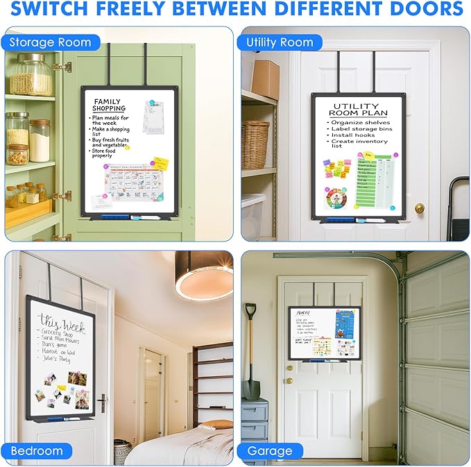 Magnetic Dry Erase Board for Doors, 36x24 Inch Whiteboard with Adjustable Long Arm Hook Mount - Easy to Install, Portable Hanging White Board for Home, Dorm Room, Office Cubicle & Small Spaces(Black)
