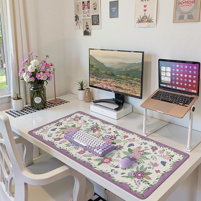 HAOCOO Purple Desk Cover Mat, Cute Large Mouse Pad with Stitched Edges, Non-Slip Waterproof Keyboard Mat, Office Supplies & Desktop Decor, Desk Pad Mat for Women Office Organizers