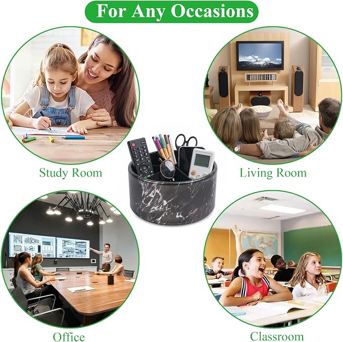 Remote Control Holder, 360°Spinning PU Leather Desk TV Remote Caddy,Desk Storage Box Room Accessories for Controller, Media,Mail,Calculator, Mobile Phone,Pencil(1-Big Marble Black)