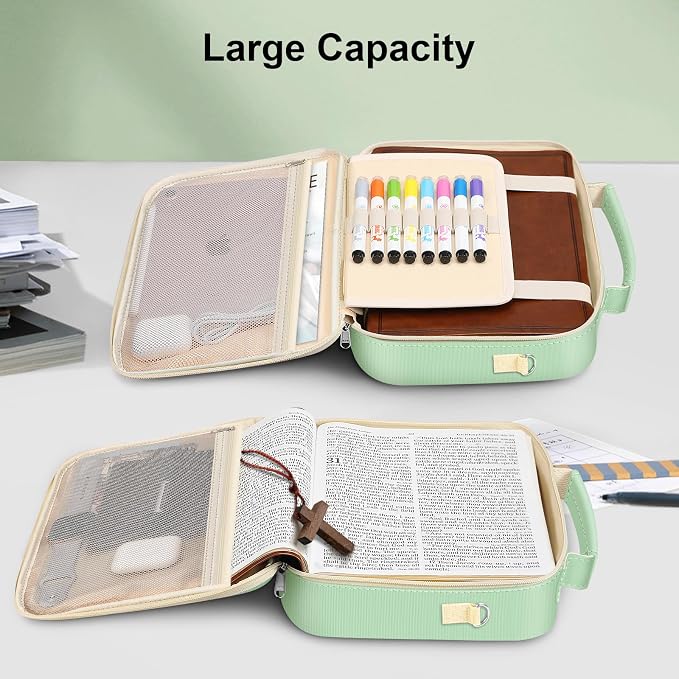 FINPAC Large Bible Cover w/Shoulder Strap, Carrying Book Case Church Bag Bible Protective w/Pen Slots and Zippered Pocket, Gift for Women Lady, Letter Green