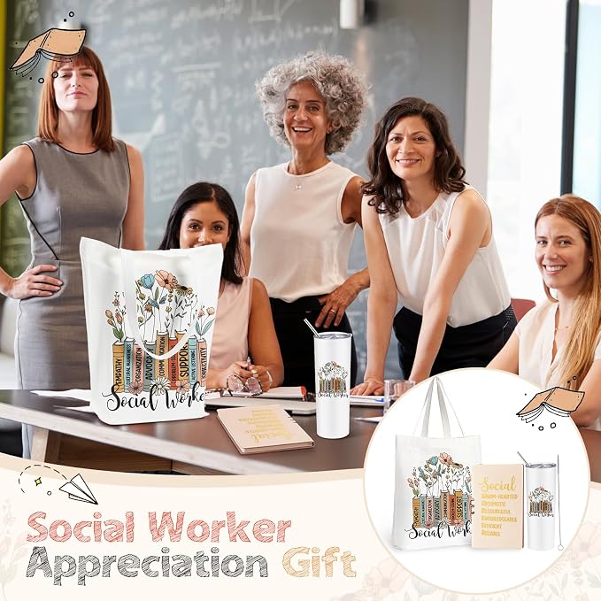 Fuutreo 3 Pcs Social Worker Appreciation Gift for Women Include 20 oz Tumbler Cup Canvas Tote Bag Leather Journal Thank You Gifts for Teacher Coworker Volunteer BSW MSW DSW Graduation Party Favors