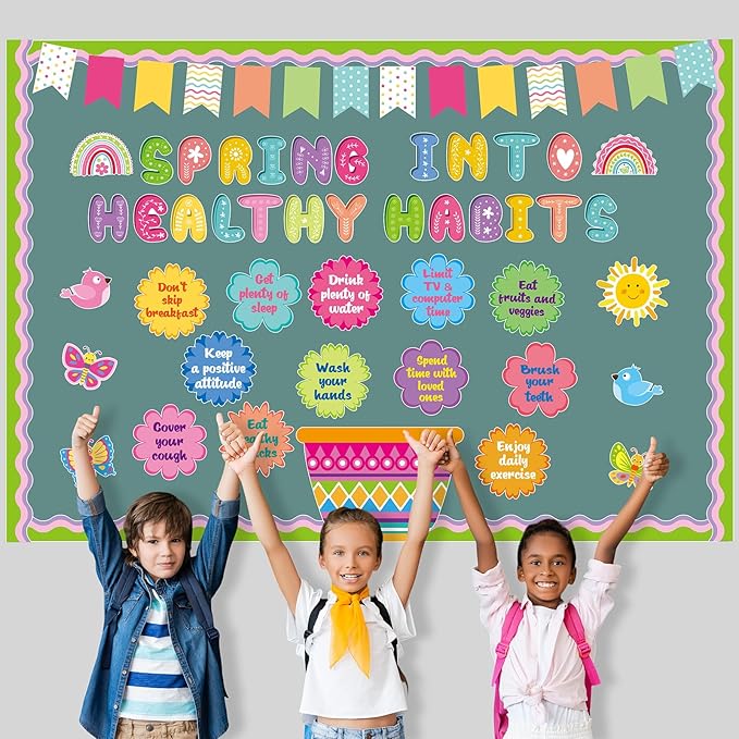 Honoson 74 Pcs Spring Bulletin Board Decorations Set Spring into Healthy Habits Paper Cutouts Colorful Flower Butterfly Birds Sunshine Bulletin Decor for School Classroom Wall Chalkboard Supplies