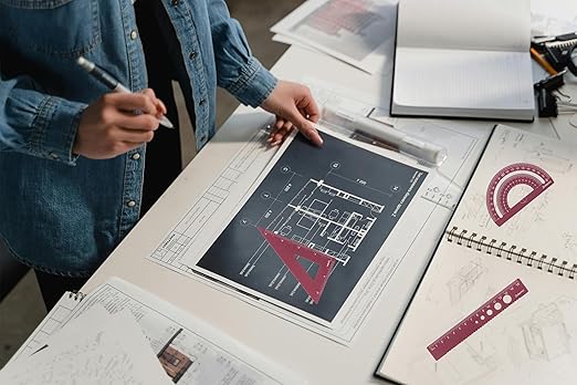 Metal Geometry Set, 5-Piece Aluminum Ruler, Math Drafting Ruler Kit Includes Protractor, Triangle Rulers, Straight Rulers-Math Measurement Tools for School and Office Supplies (Plum Red)