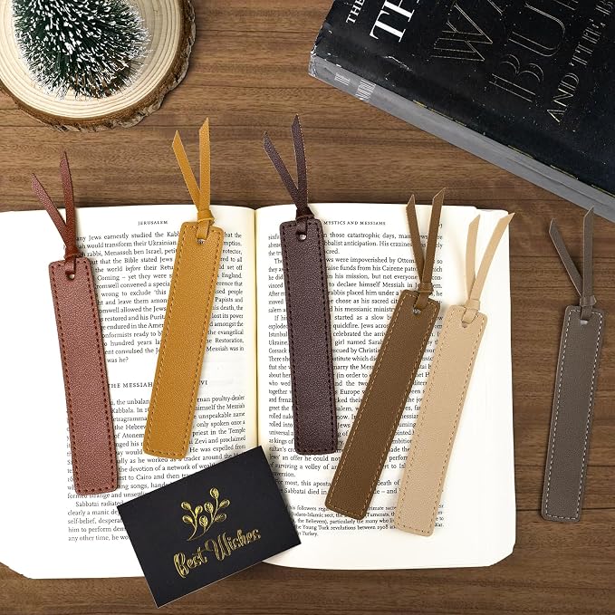 MIXVOVA 6 Pcs Leather Bookmark with Tassel, Classic Style Bookmark, 0.05 Inches Thin Handmade Stitched Bookmarks for Men, Book Marks for Reading, Gifts for Book Lovers, Readers (Light Retro)