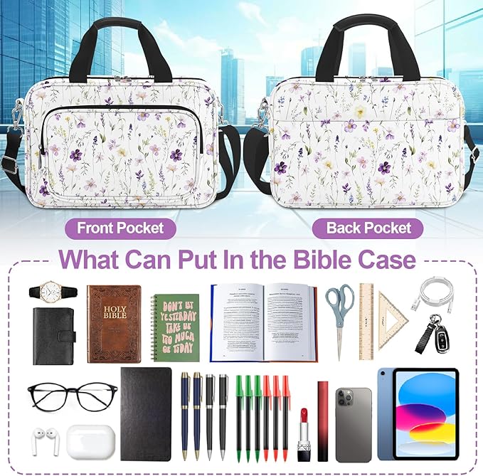 Floral Bible Cover for Women,Bible Carrying Case for Girls,Large Bible Bag for Woman Organizer,White Flower Bible Holder,Bible Study Supplies Kit with Highlighters,Tabs,Pens,Christian Gift