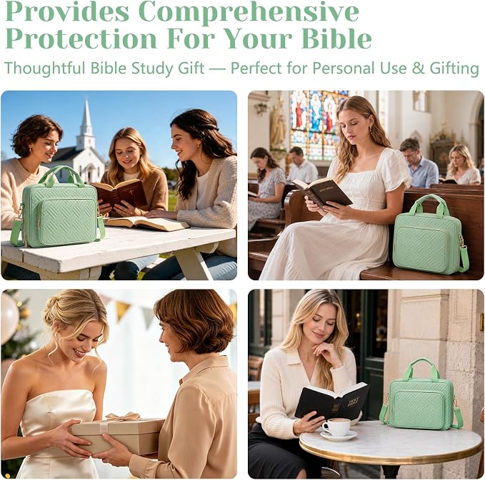 XKDOUS Bible Cover Case for Women, Quilted Large Bible Bag with Shoulder Strap, Bible Study Supplies with Highlighters, Tabs & Journaling Kit, Christian Gifts for Mom & Women (Light Green)