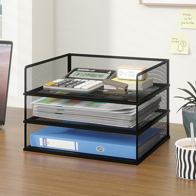 Natwind 3 Tier Letter Trays, File Trays for Desk Stackable,Desktop Paper Organizers for Office Supplies, Metal Mesh File Organizer,Office Organizer,Letter Trays for Home, Office, School,Black