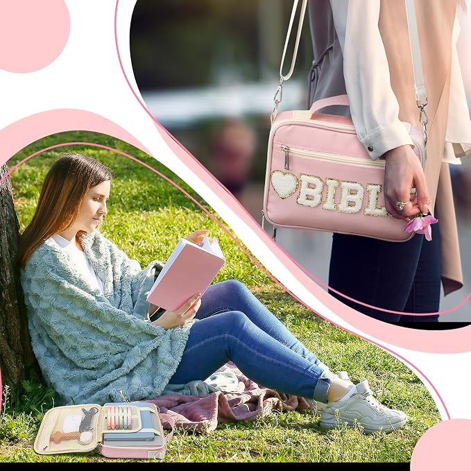 Silkfly Pink Bible Cover Case Preppy Large Chenille Letter Church Bag with Shoulder Strap Handle Back to School Gifts Waterproof Christian Tote Bag for Women Teacher Bible Accessories