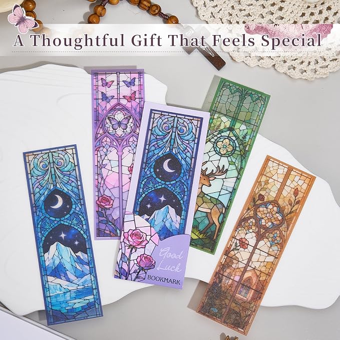 4PCS Fantasy Art Bookmarks, 5" × 1.5" PVC Stained Glass Art Book Marker, Romantasy Inspired Bookish Gifts for Book Lovers