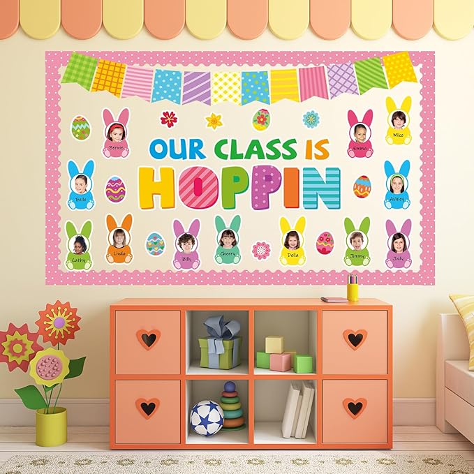 Qyeahkj 60Pcs Easter Bulletin Board Decoration Easter Egg Bunny Cutout DIY Picture Frame Crafts Our Class Is Hoppin Wall Bulletin Board Set for Easter Holiday Teacher School Office Chalkboard Supplies