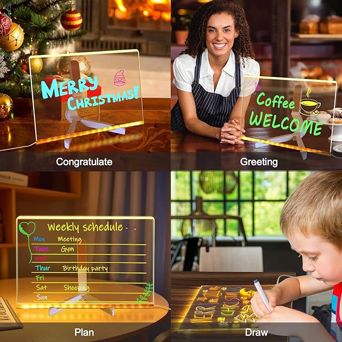 LED Note Board with Colors, Acrylic Dry Erase Board with Light and Stand, Glow Memo Letter Board Note Glass Led White Board with 7 Pen for Office School Home