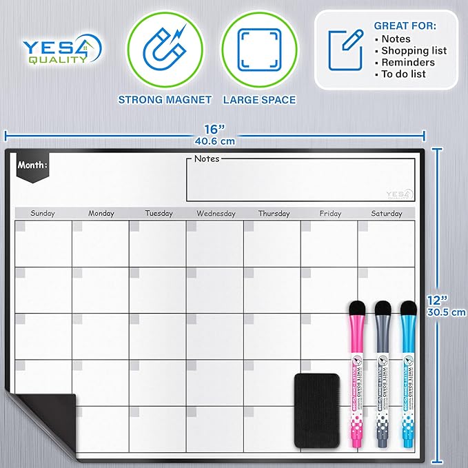 Magnetic Dry Erase Whiteboard Calendar for Fridge (16 x 12”), Refrigerator White Board Sheet w/ 3 Colorful Markers & Eraser, Monthly Meal Planner & Organizer for Family by Yes4Quality