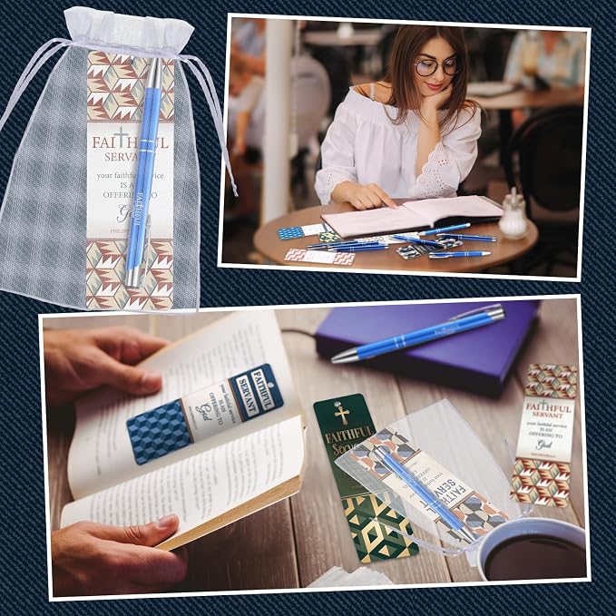 Dispowreath 24 Pcs/12 Sets Faithful Servant Gifts Pen with Bookmark 12 Faithful Servant Pen, 12 Philippians 2: 17 Bookmarks Father's Day Appreciation Gift for Pastors Church Leaders Volunteers Prizes