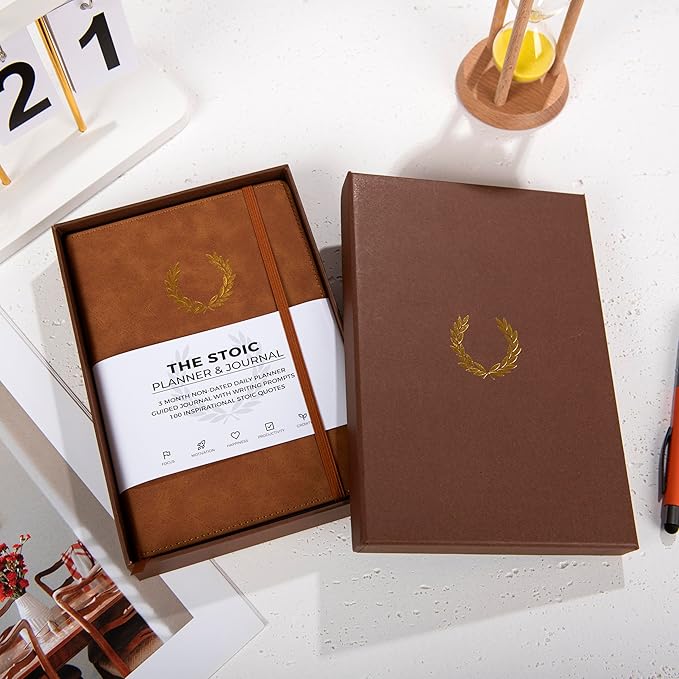 The Stoic Planner & Journal - A 2-in-1 Daily Planner and Guided Journal with Inspiring Writing Prompts - Build Productivity and a Positive Mindset - 3 Months Undated (Brown)
