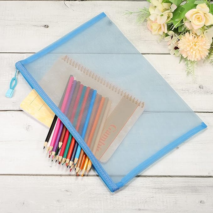MECCANIXITY Mesh Zipper Bags, A4 Nylon Zip Pouch Pencil Case Storage Pockets for Travel Office Accessories, Sky Blue Pack of 6